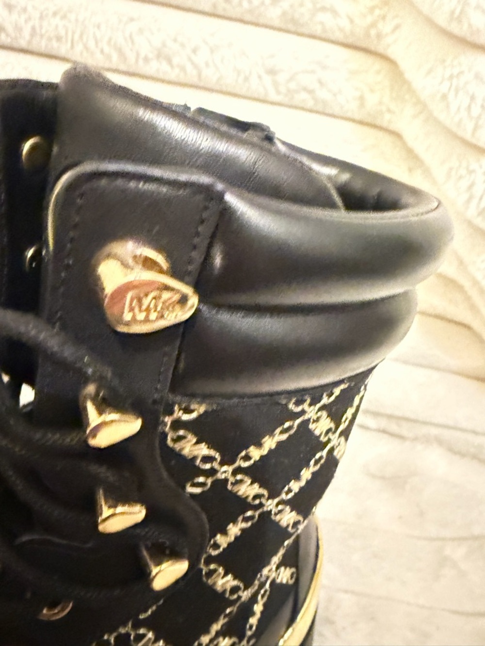 Michael Kors Black Platform Lace-Up Logo Combat Boots with Gold Accents - Picture 4 of 6